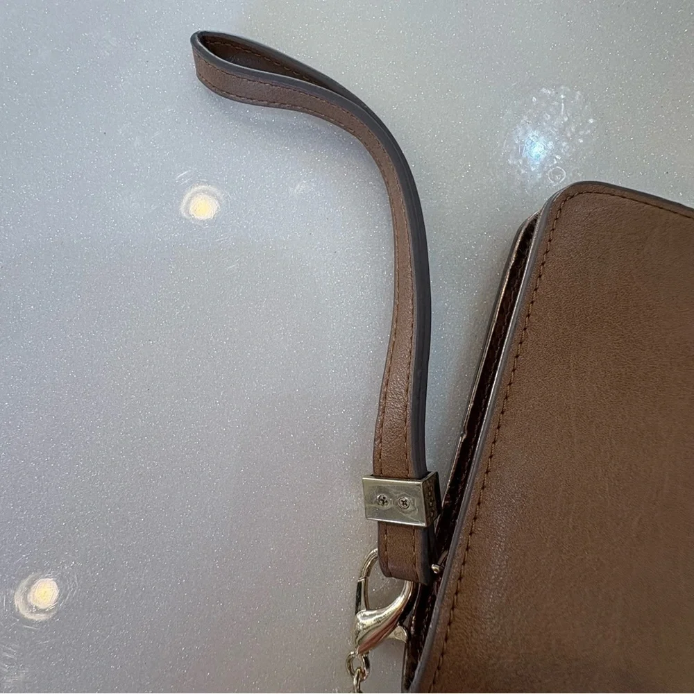 The Limited Tan and Gold Wallet Wristlet Clutch Gold Tassle Chain Beige striped